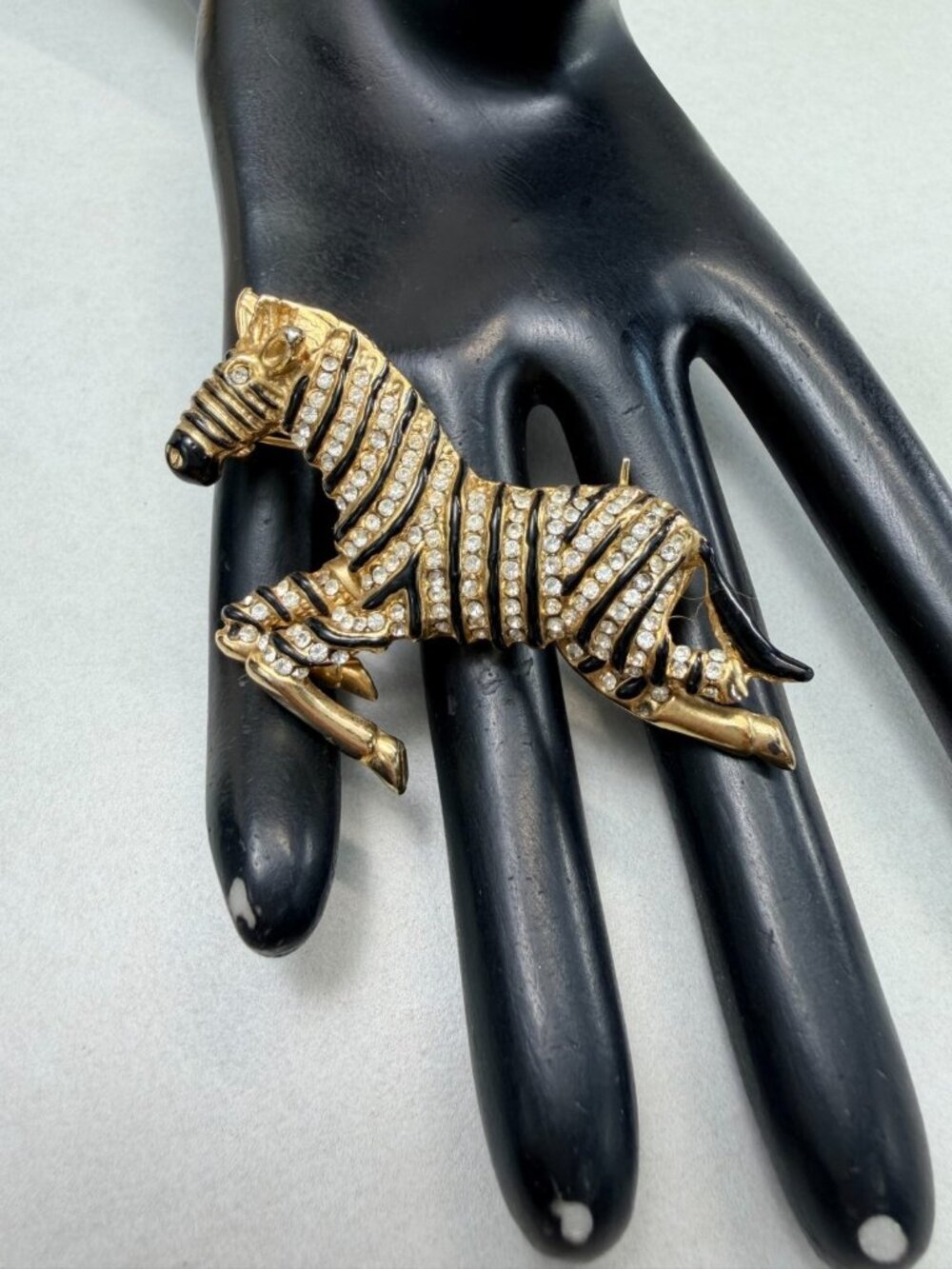 Vintage Rhinestone Zebra Brooch Gold Tone Black Enamel Pin 2.5"